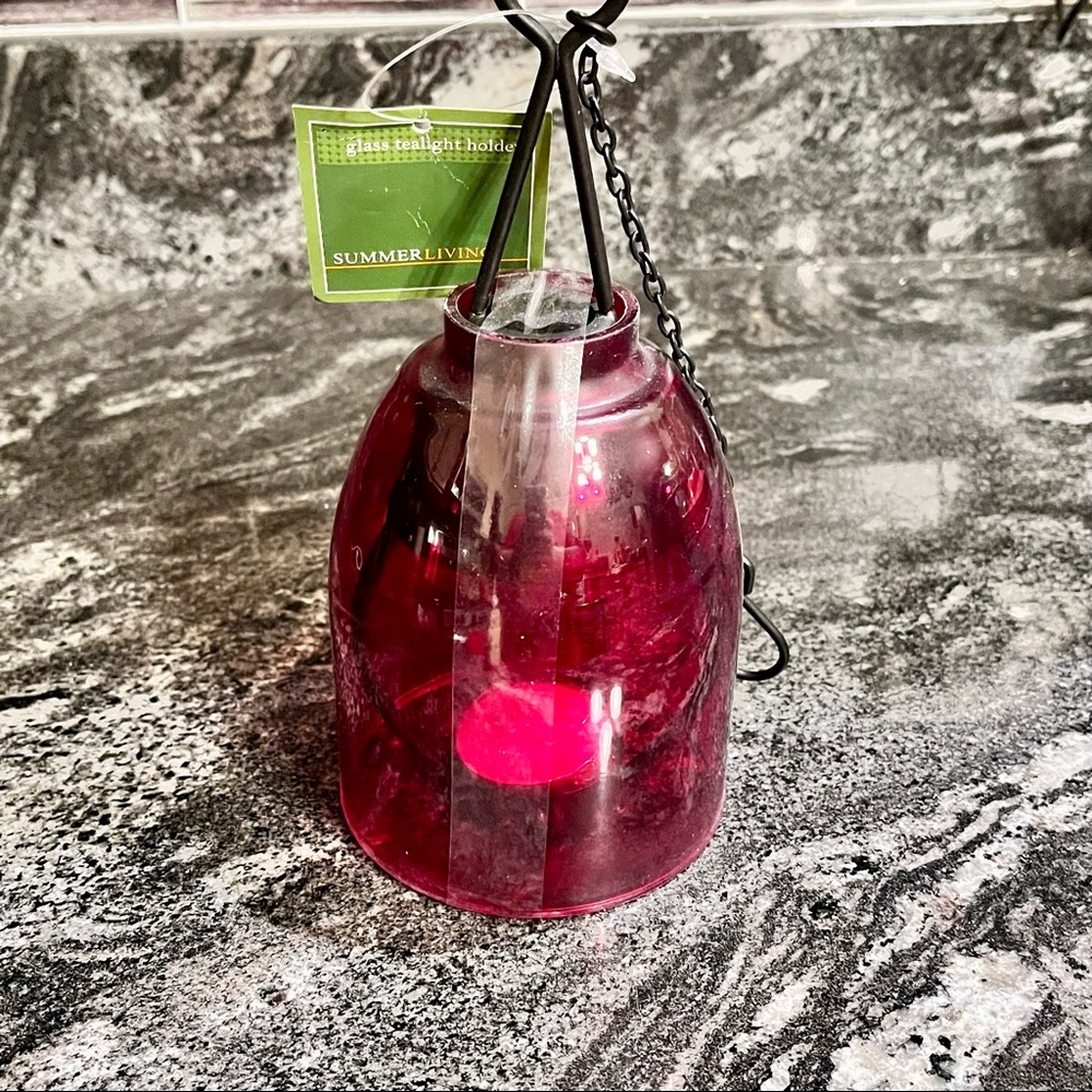 🌸3/$25 🆕 Wrought Iron and Glass Red Hanging Tea-light Holder Small Lantern - Picture 8 of 11
